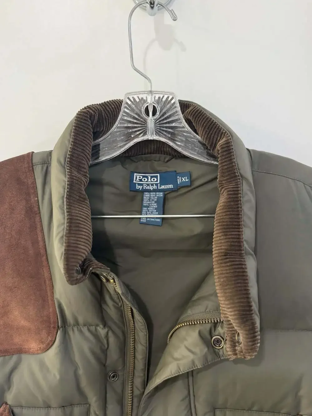 Polo Ralph Lauren Olive Green Down Puffer Vest with Suede Shoulder and Pocket Ac